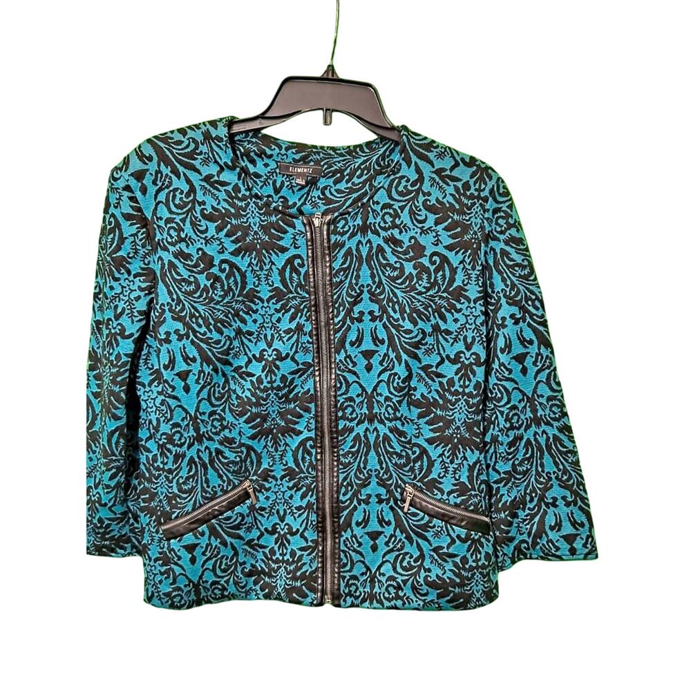 Women Blazer Blue Black Damask Zip-Up Pockets Collarless Lg Elementz